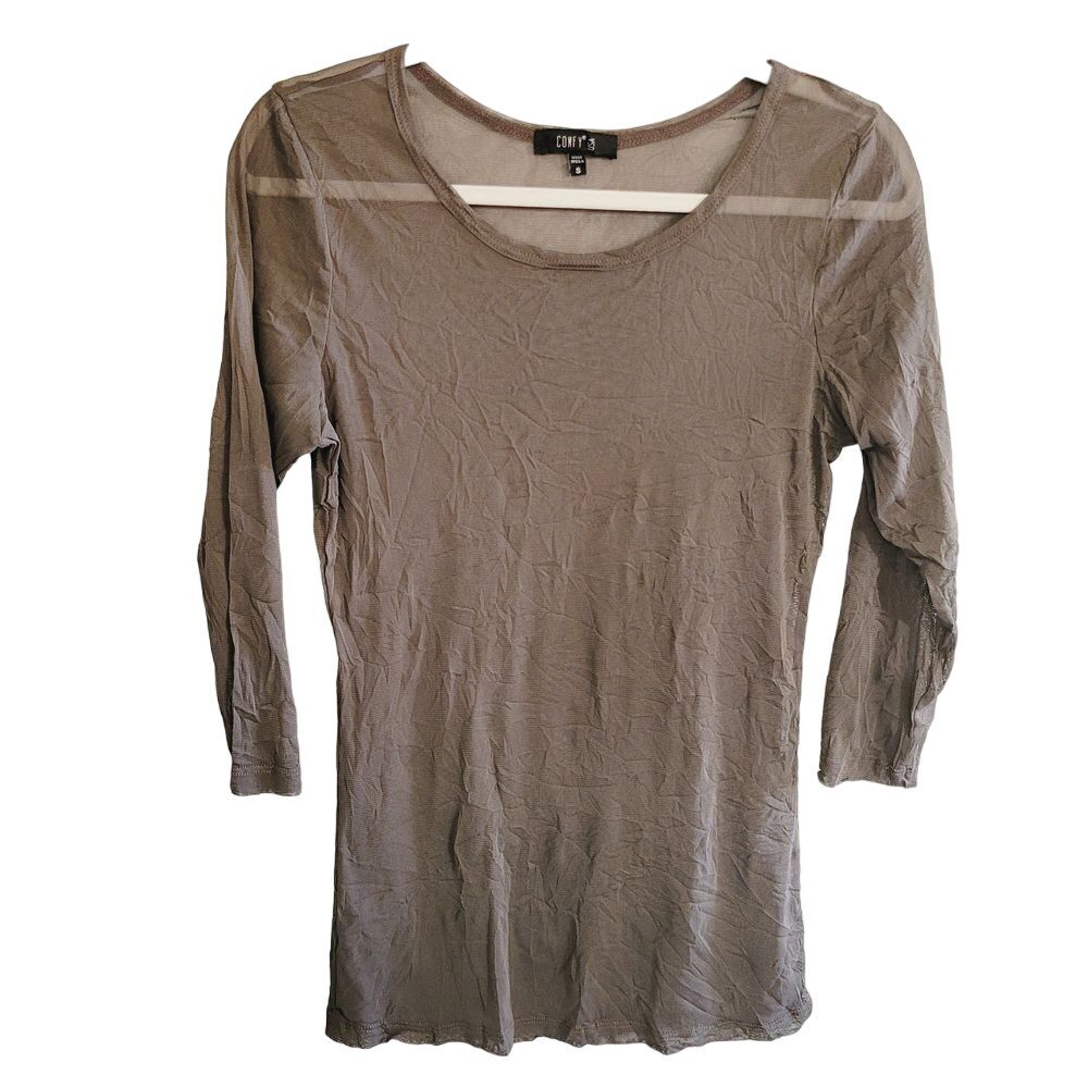 Comfy USA Womens Small Taupe Brown Crinkle Sheer Mesh 3/4 Sleeve Scoop Neck Top
